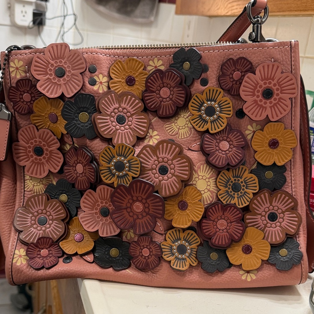 Coach Pink Leather Shoulder Bag with Multicolor Floral Appliqués
